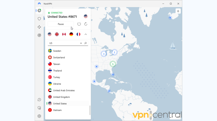 NordVPN connected to a US server