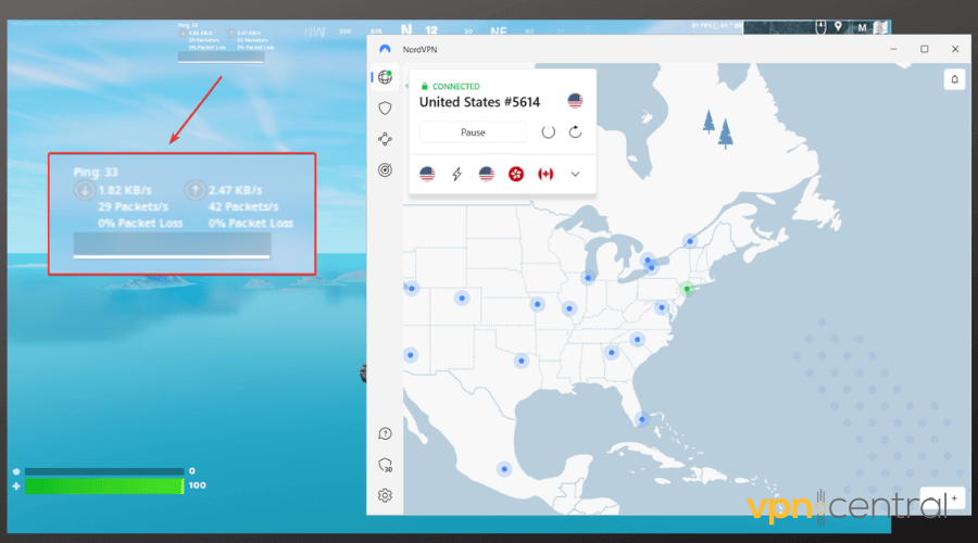 fortnite reduced ping with nordvpn connected
