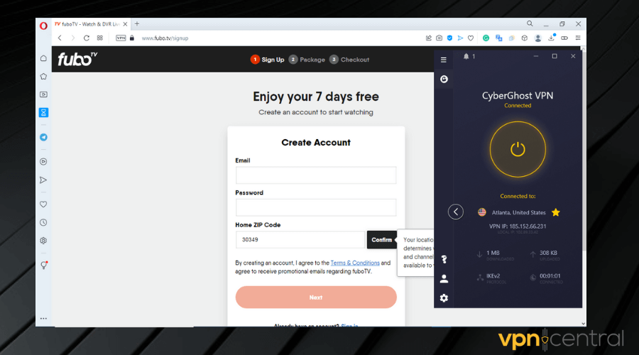 create fubotv account with cyberghost connected