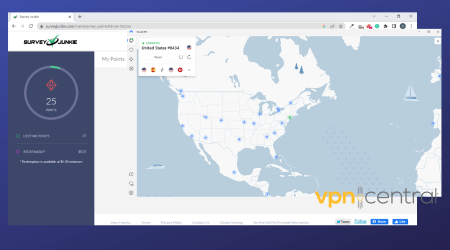 nordvpn connected with survey junkie running