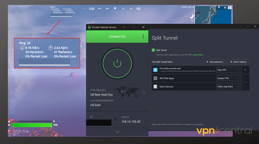 fortnite reduced ping with private internet access connected