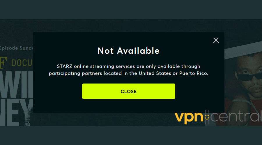 Starz Error Forbidden 1400 pop-up screen