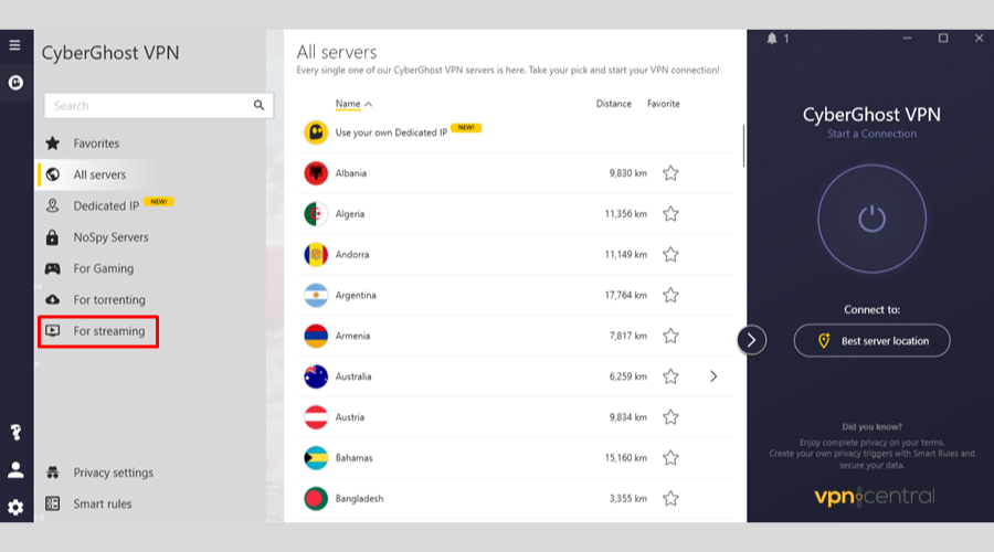 CyberGhost servers optimized for streaming
