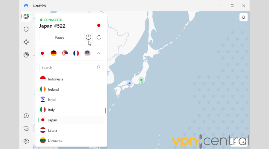 NordVPN connected to Japan