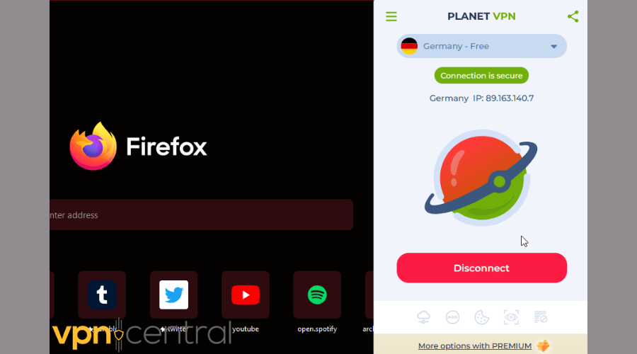 Planet VPN's Mozilla Firefox extension