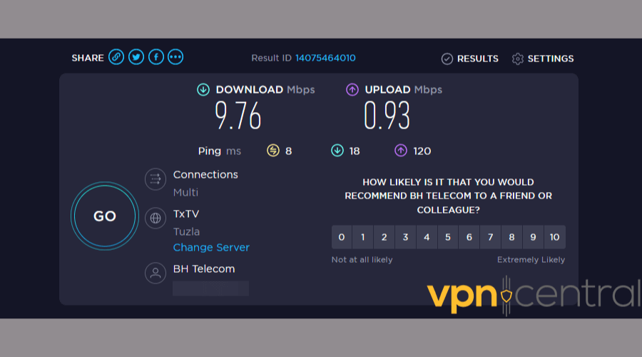Internet speed test results without a VPN