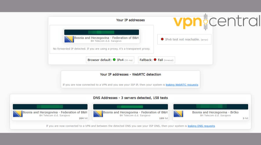 IP leak test results without a VPN