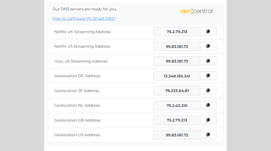 CyberGhost Smart DNS addresses