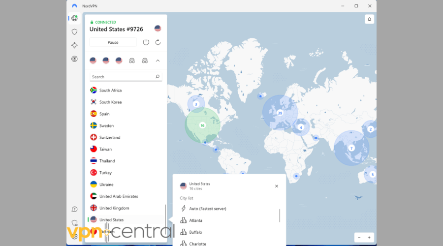 NordVPN connected to server in the US
