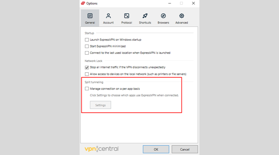 ExpressVPN split tunneling settings