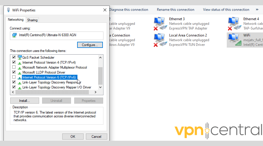 Uncheck Internet Protocol Version 6 (TCP/IPv6)