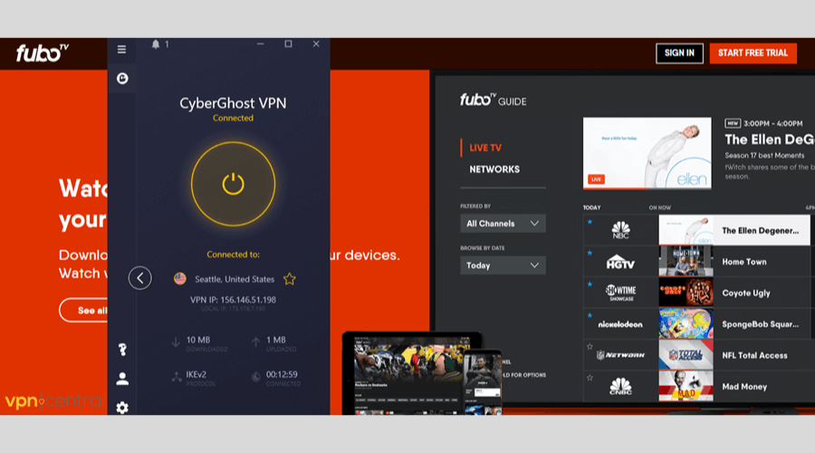 fuboTV with CyberGhost on