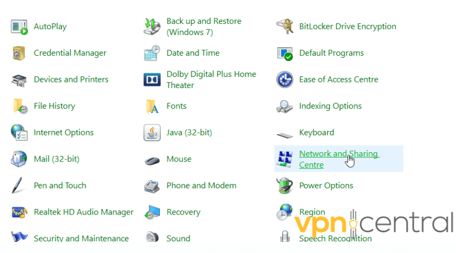 Network and Sharing Centre in Control Panel