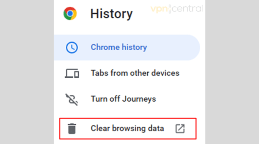 Nabídka historie Google Chrome