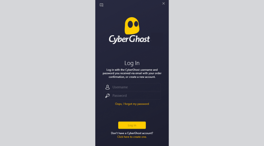 CyberGhost Login screen