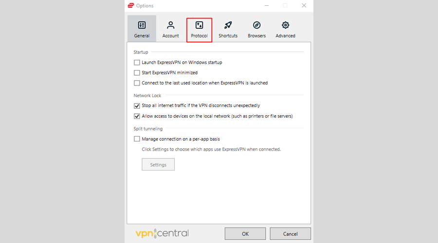 ExpressVPN protocol settings