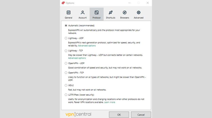 ExpressVPN protocol options