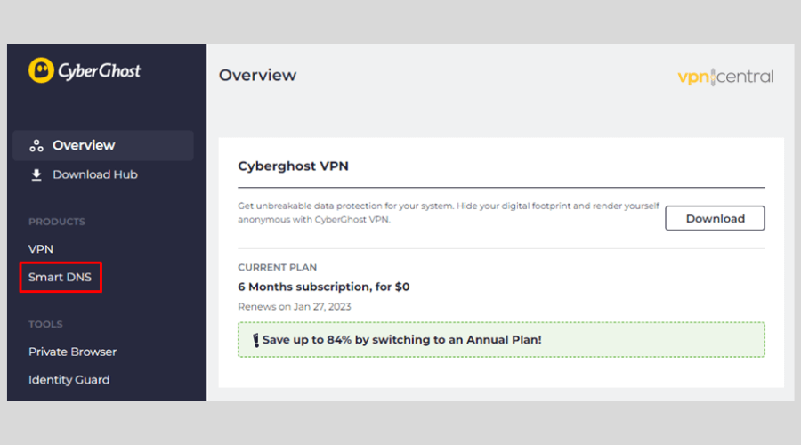 CyberGhost dashboard