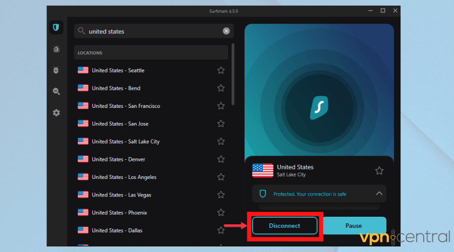 surfshark vpn disconnect button