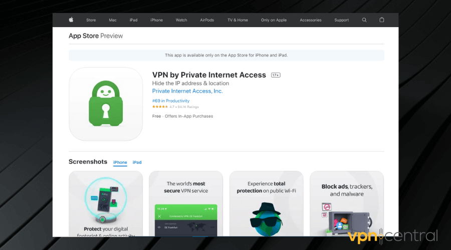 get private internet access page on macOS