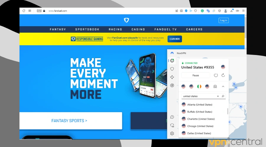 fanduel platform working with nordvpn connected