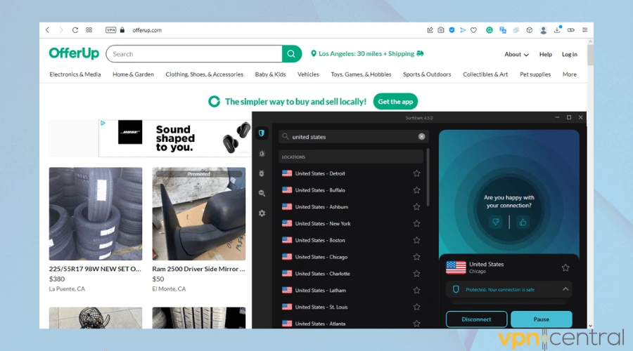 offerup working with surfshark vpn running