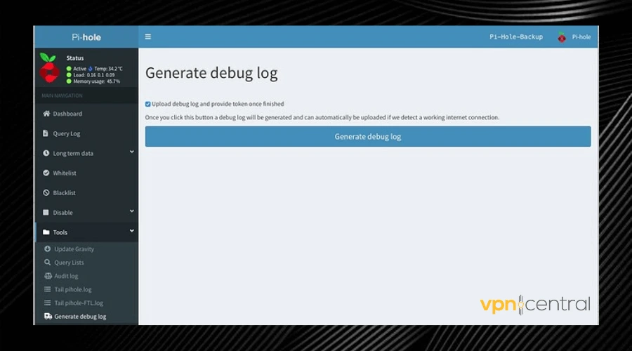 pihole generate debug log on web interface