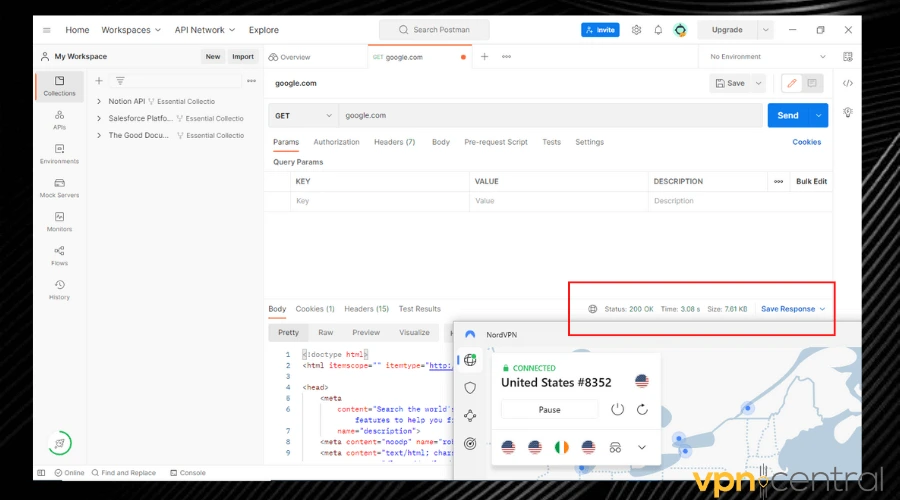 postman desktop app working with nord vpn running in the background