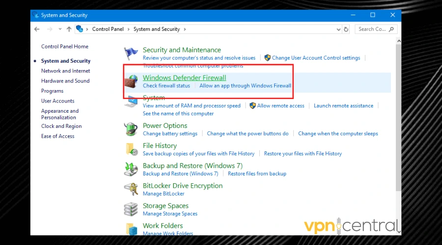 windows defender firewall in control panel