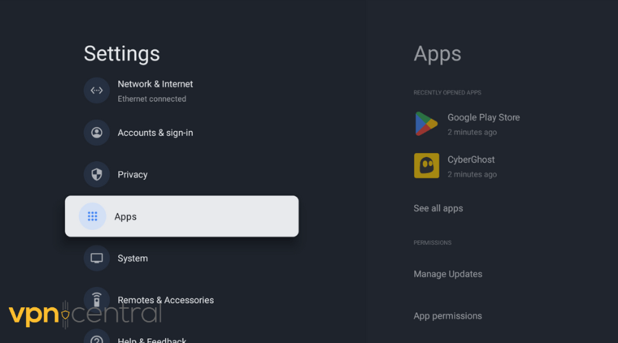 android tv apps section