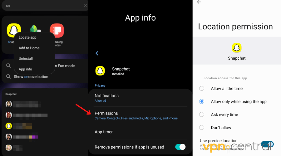 change snapchat permissions on android