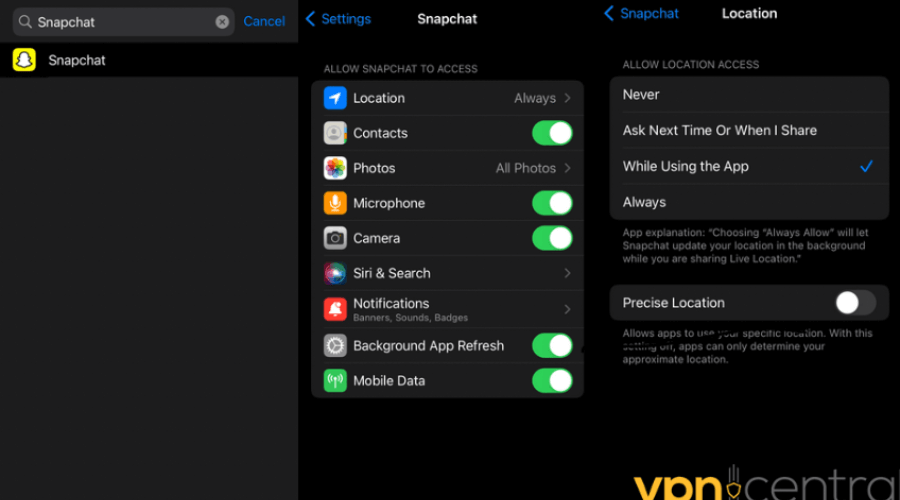 snapchat permission settings on ios