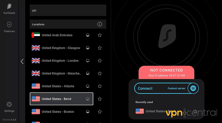 surfshark user interface