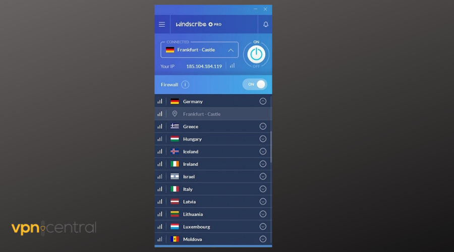 windscribe user interface