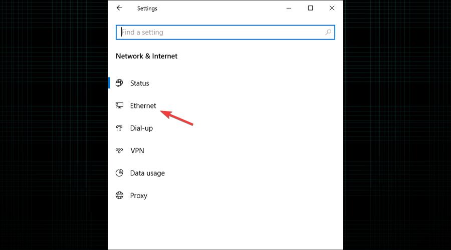 Ethernet in Window's Network & Internet settings