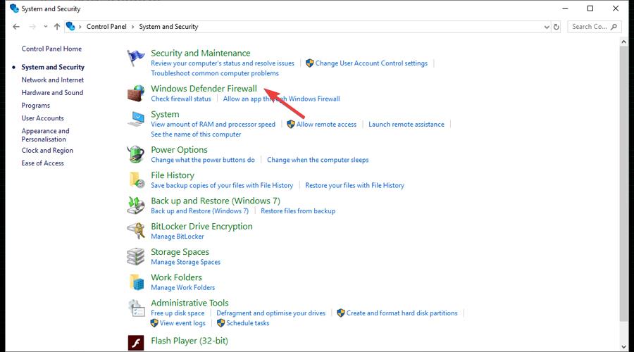 Windows Defender Firewall in Control Panel