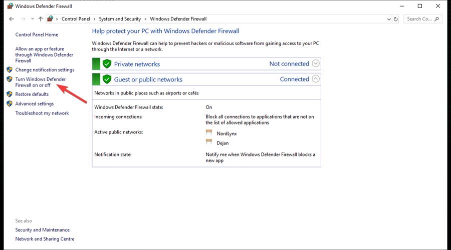 Turn Windows Defender Firewall on or off