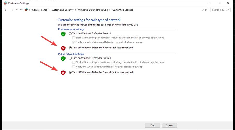 Turn off Windows Defender Firewall for private and public networks