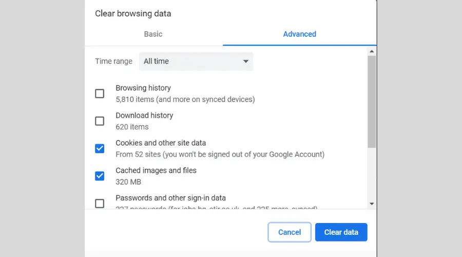 clearing cache and cookies