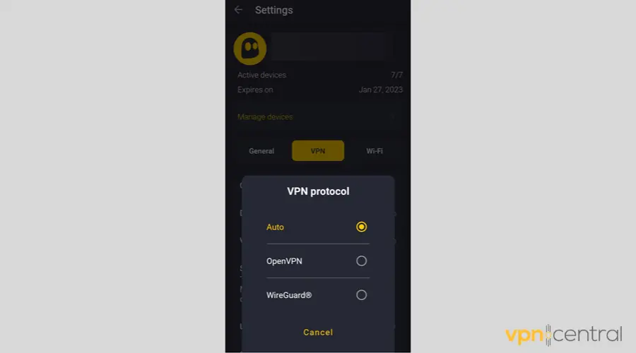 CyberGhost Android Protocol Options