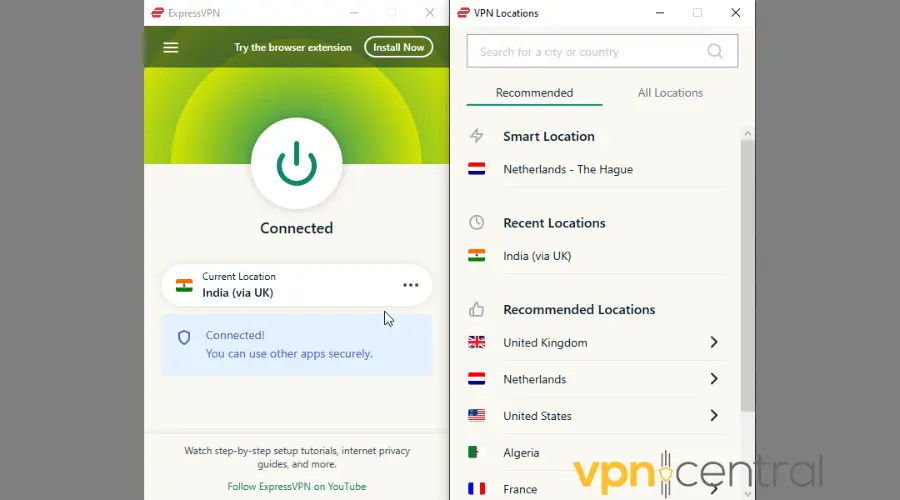 expressvpn connected to server in india