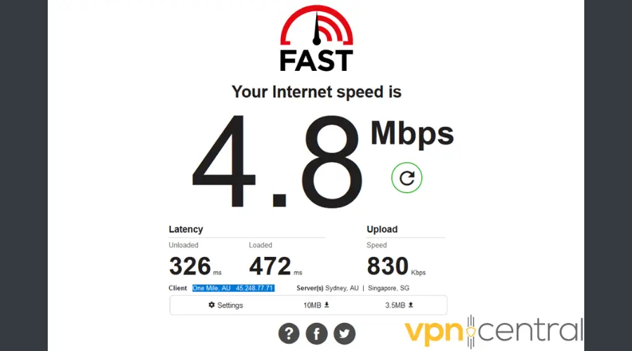 Test de vitesse Internet Résultats du serveur VPN brillant australien