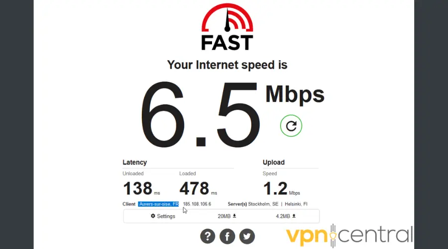 Internet Speed Test French Bright VPN server results