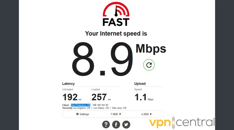 Internet speed test Bright VPN US server results
