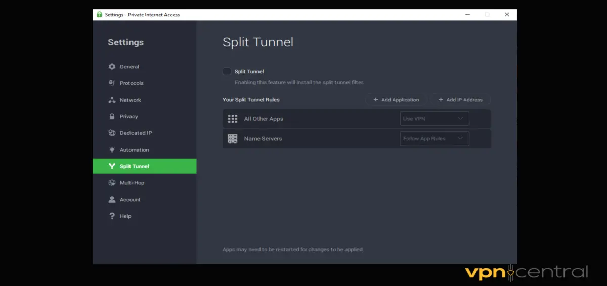 pia split tunneling