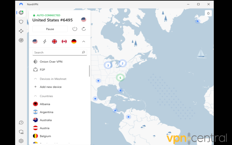 NordVPN main UI