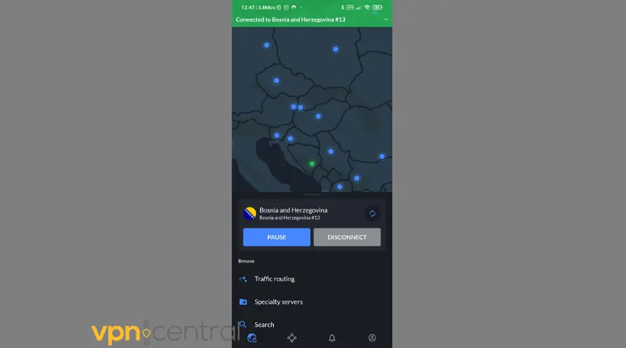 NordVPN connected to Bosnia