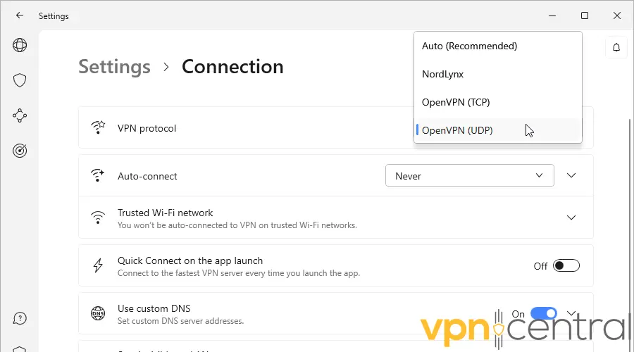 Paramètres du protocole VPN pour NORDVPN