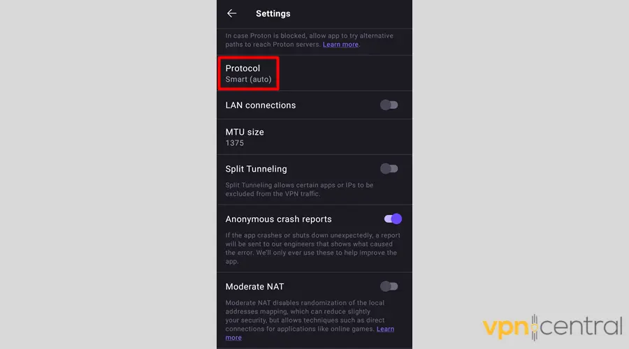 Proton VPN protocol settings