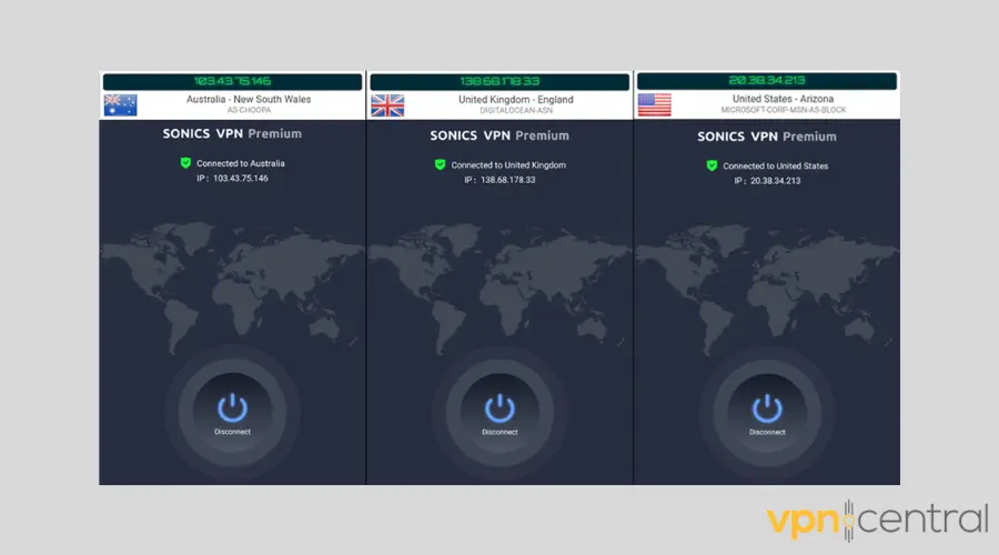 Masked IPs with Sonics VPN on